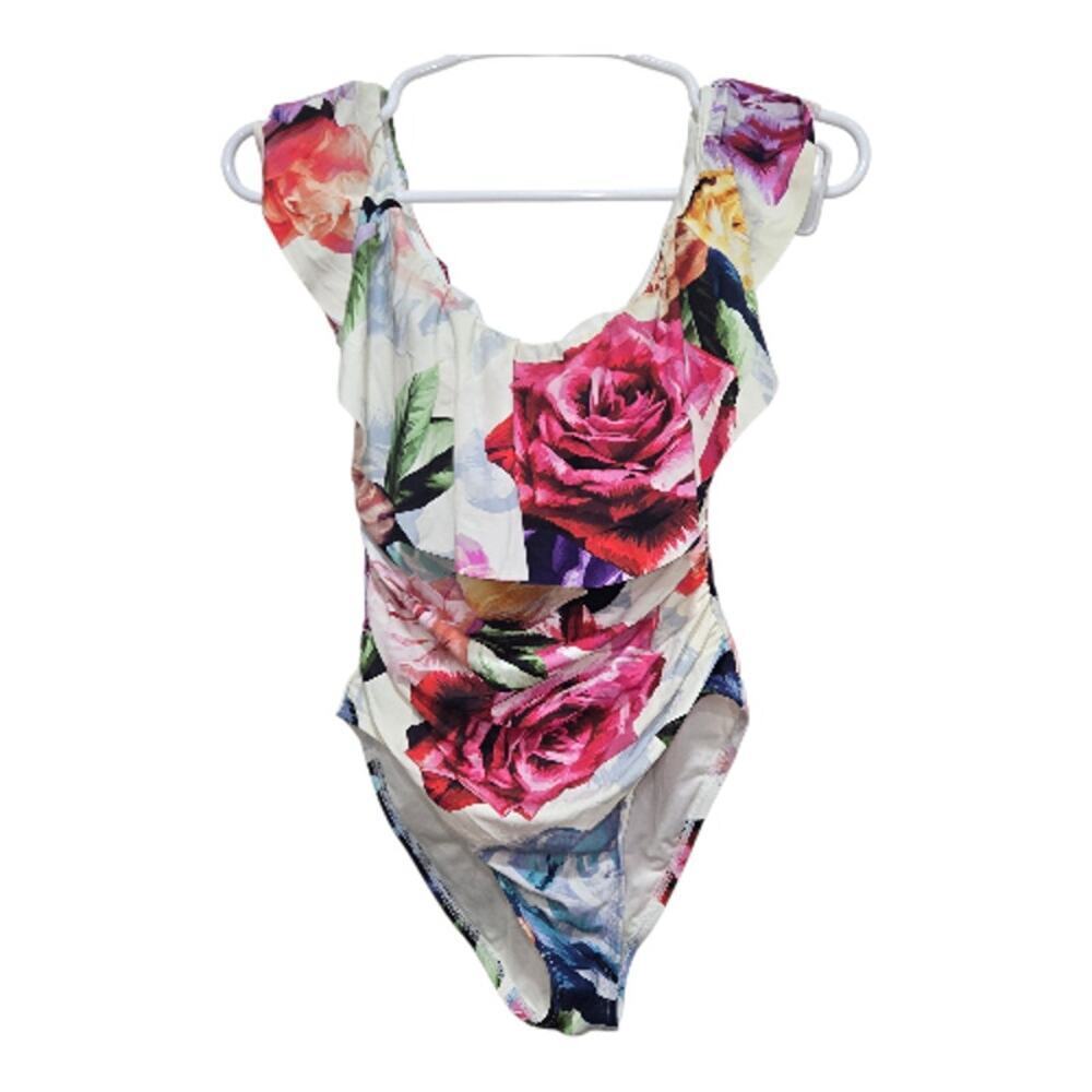 La Blanca Floral Ruffle Lace Up One Piece Swimsuit XS